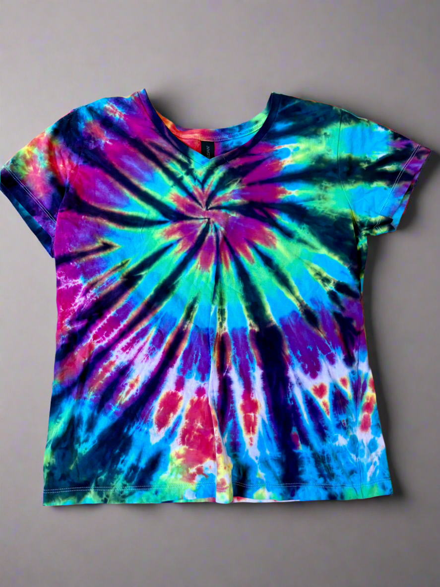Prism Burst Women’s V-Neck Tie-Dye Tee – Large (Gildan Softstyle)