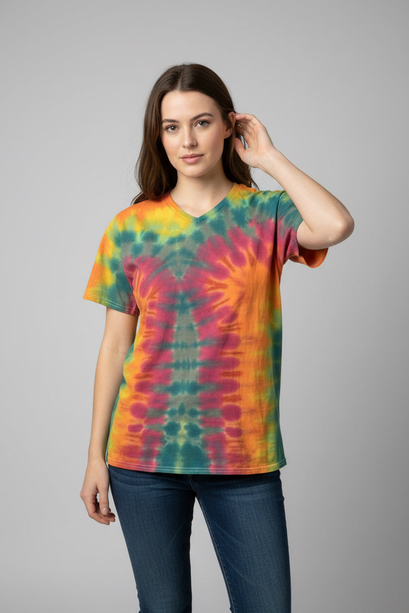 Autumn Signal — XL Haynes V-Neck Upcycled Tie-Dye Tee
